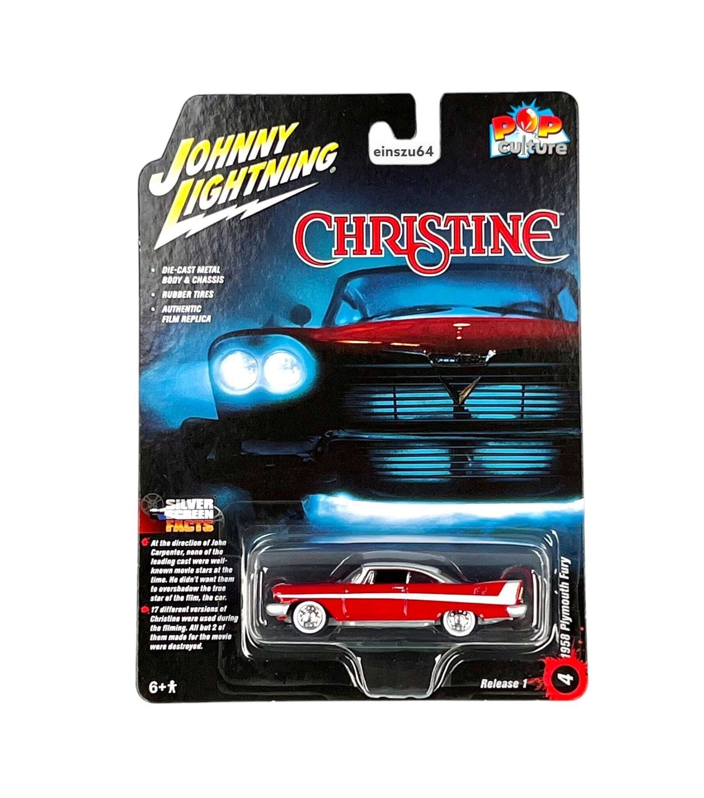 Johnny Lightning - 1958 Plymouth Fury red with clear windows from "Christine" (1983) movie - Scala 1/64