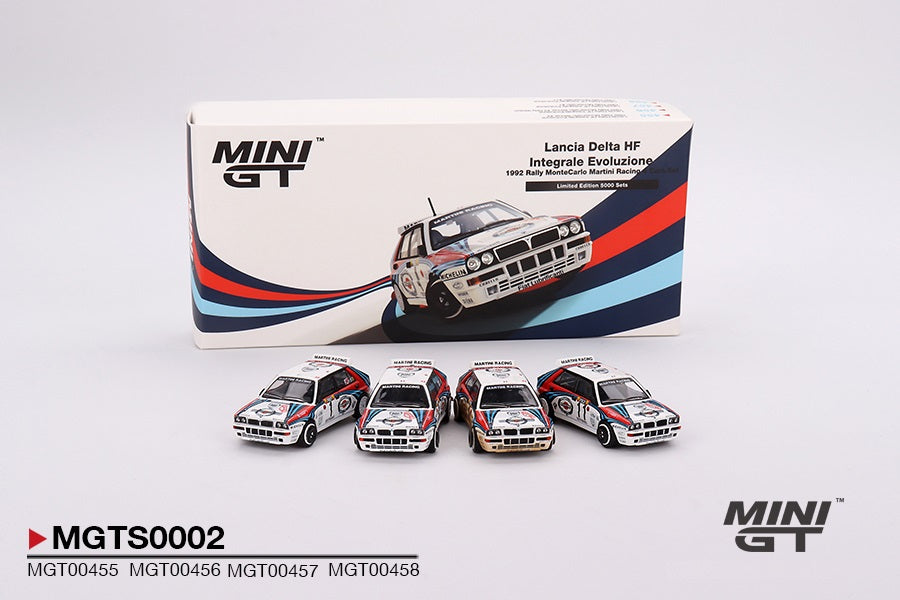 Mini GT - 4 Cars Set Lancia Delta HF Integrale Evoluzione 1992 Rally MonteCarlo Martini Racing - Scale 1/64 MGTS0002