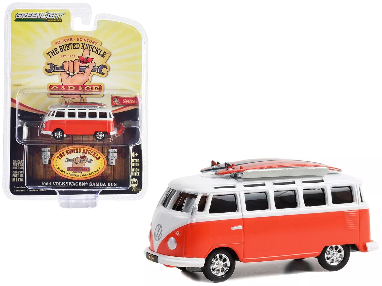 Greenlight - Volkswagen Samba Bus 1964 Orange White with Surfboards - Greenlight - Scale 1/64