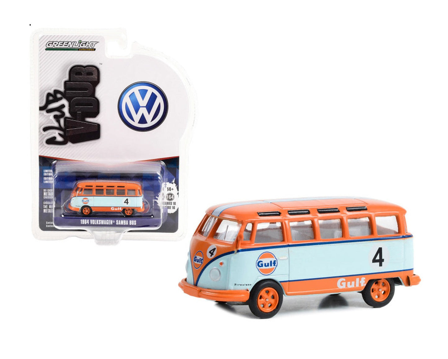 Greenlight - 1964 Volkswagen T1 Samba Bus #4 Light Blue and Orange "Gulf Oil Racing" - Club V-Dub - Scale 1/64