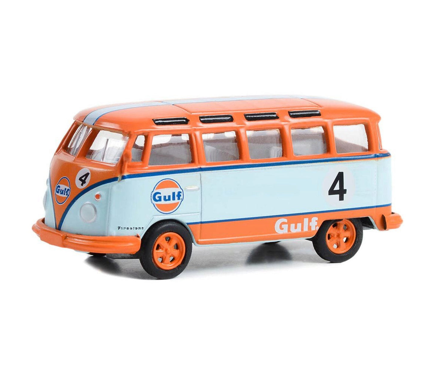 Greenlight - 1964 Volkswagen T1 Samba Bus #4 Light Blue and Orange "Gulf Oil Racing" - Club V-Dub - Scale 1/64