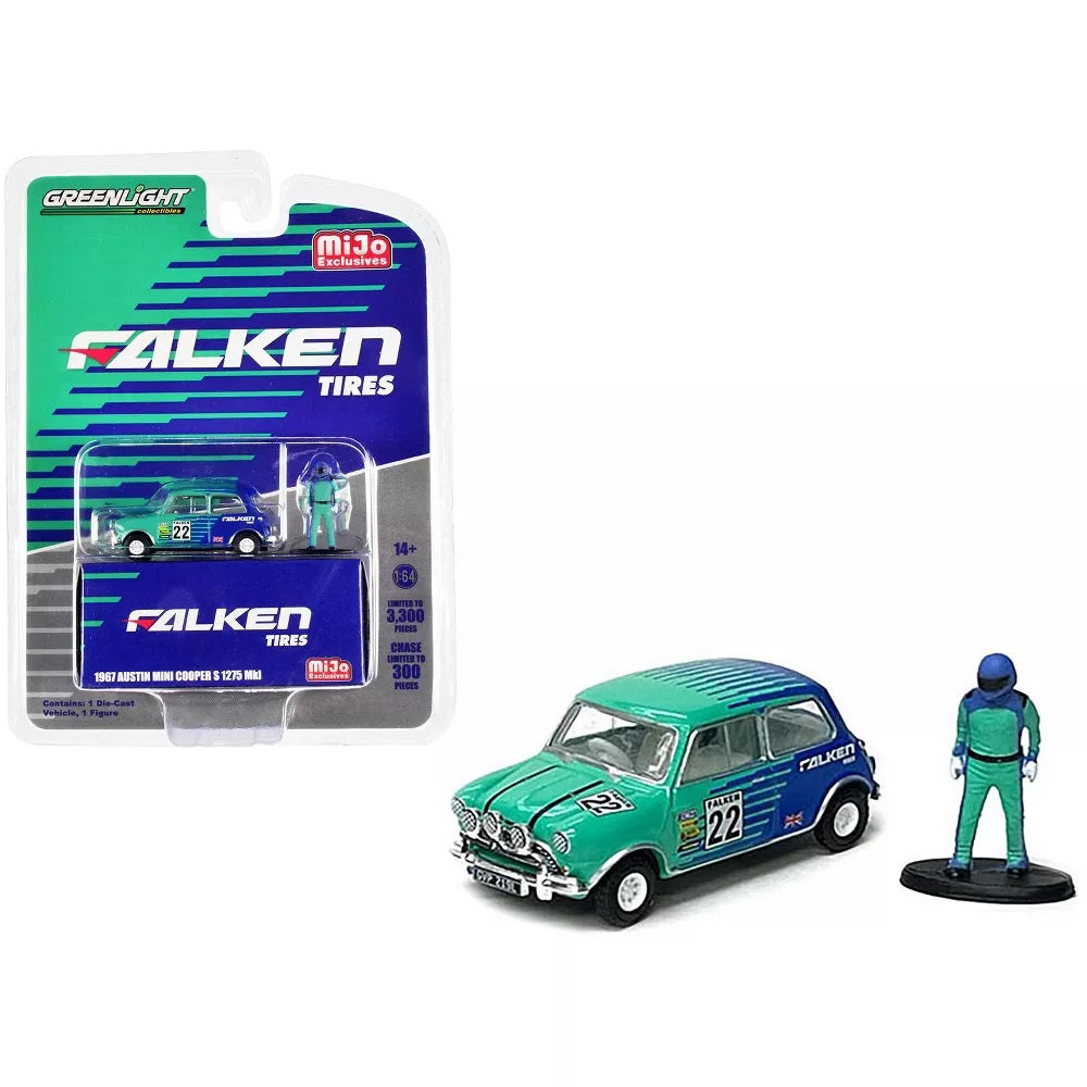 Greenlight - 1967 Austin Mini Cooper S 1275 MKI RHD "Falken Tires" and Driver Figure - 1/64 Scale