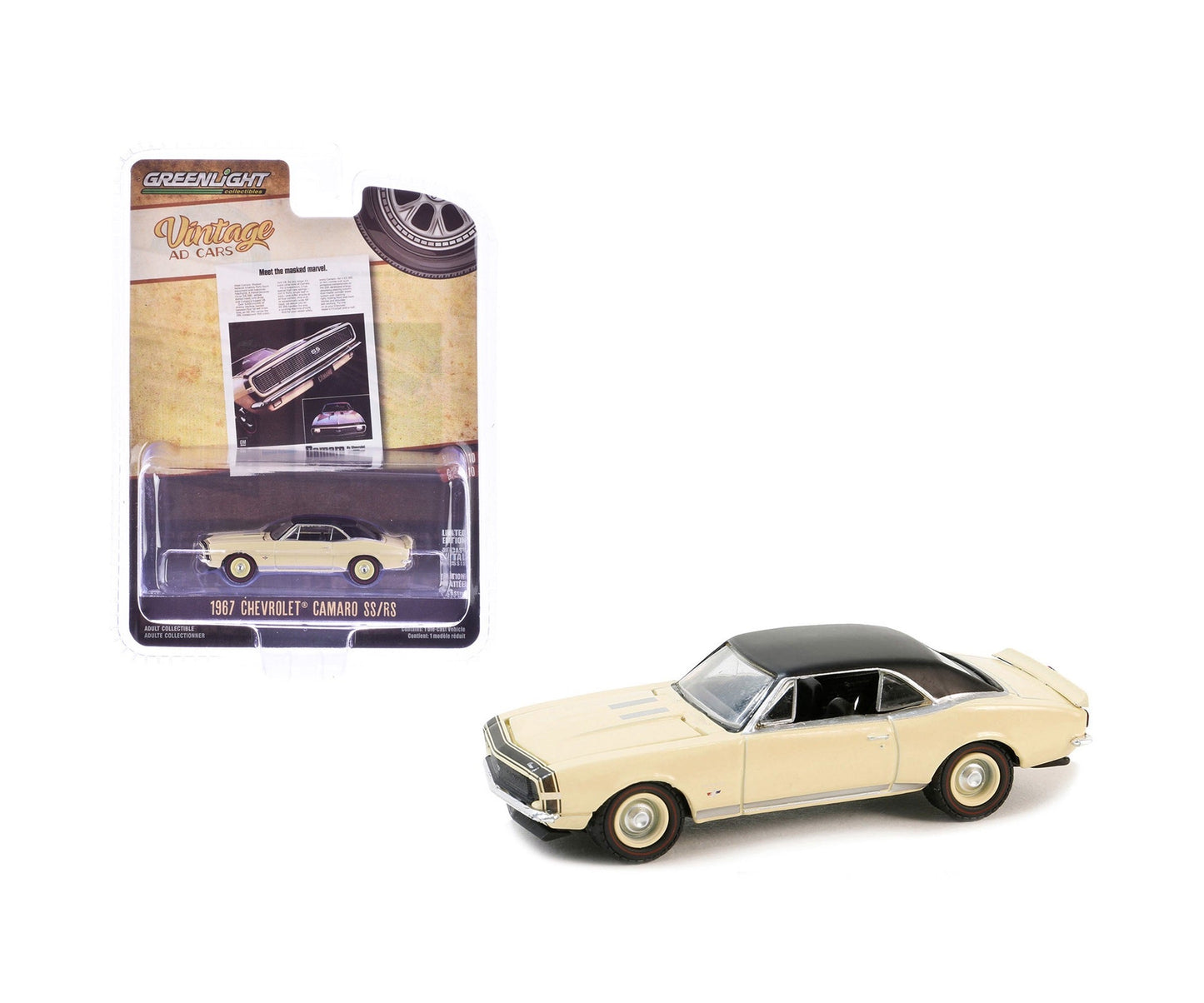 Greenlight - 1967 Chevrolet Camaro SS/RS Cream with Black Vinyl Top Vintage AD Cars - Scala 1/64