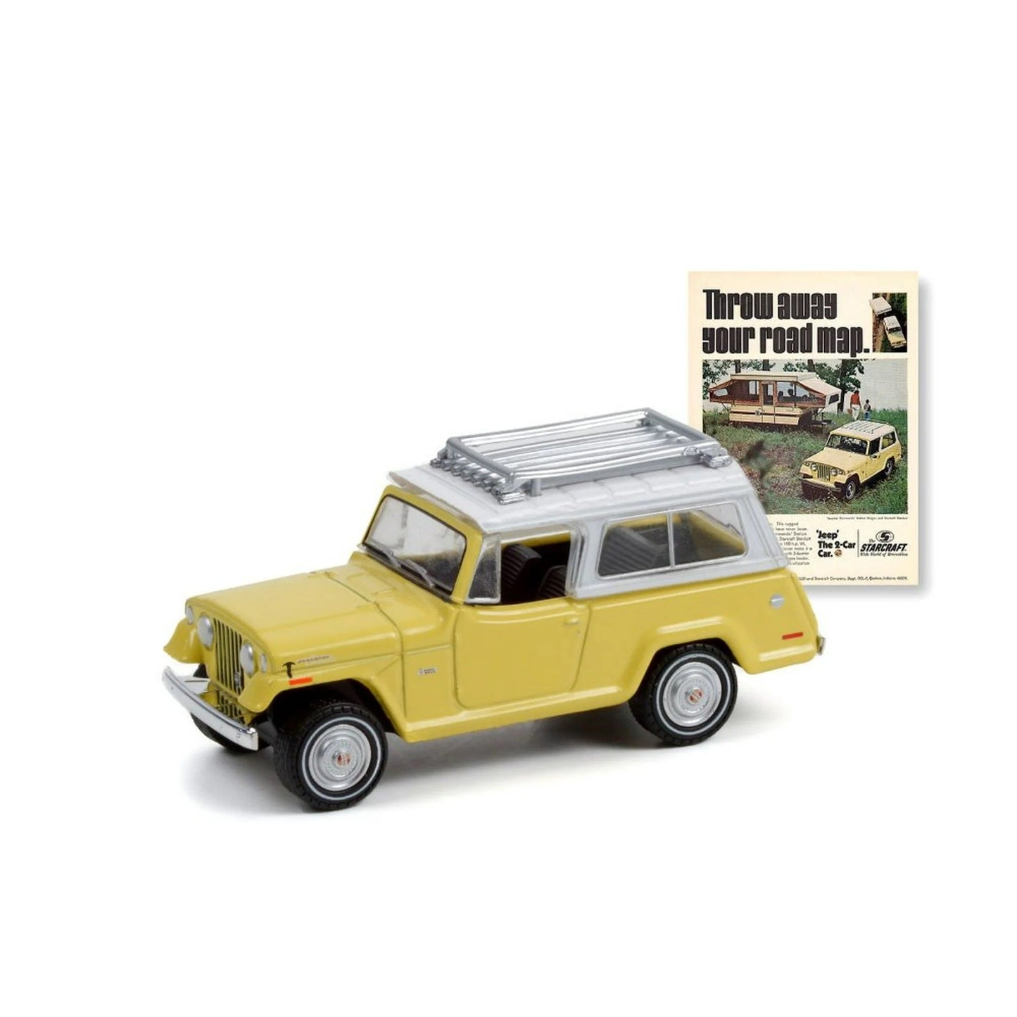 Greenlight - 1970 Jeep Jeepster Commando Yellow and White Vintage AD Cars - Scale 1/64