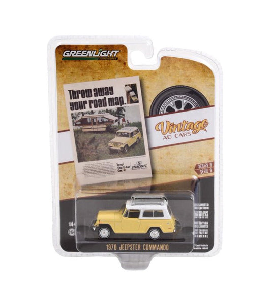 Greenlight - 1970 Jeep Jeepster Commando Yellow and White Vintage AD Cars - Scale 1/64