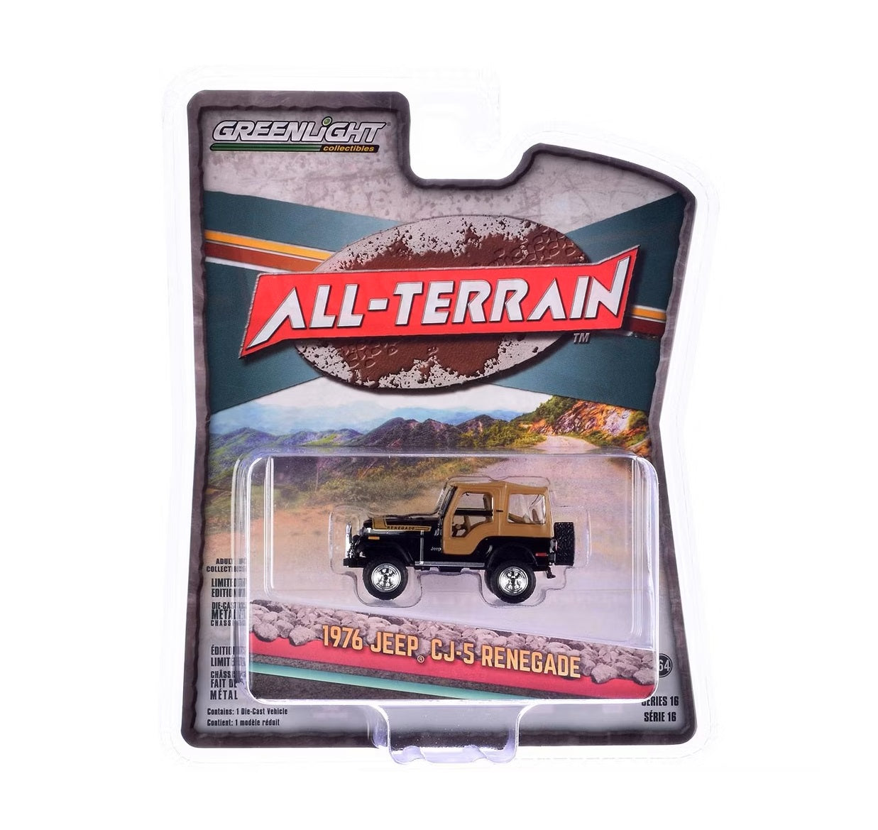 Greenlight - 1976 Jeep CJ-5 Renegade Black with Brown Top and Stripe - Series All Terrain - Scale 1/64