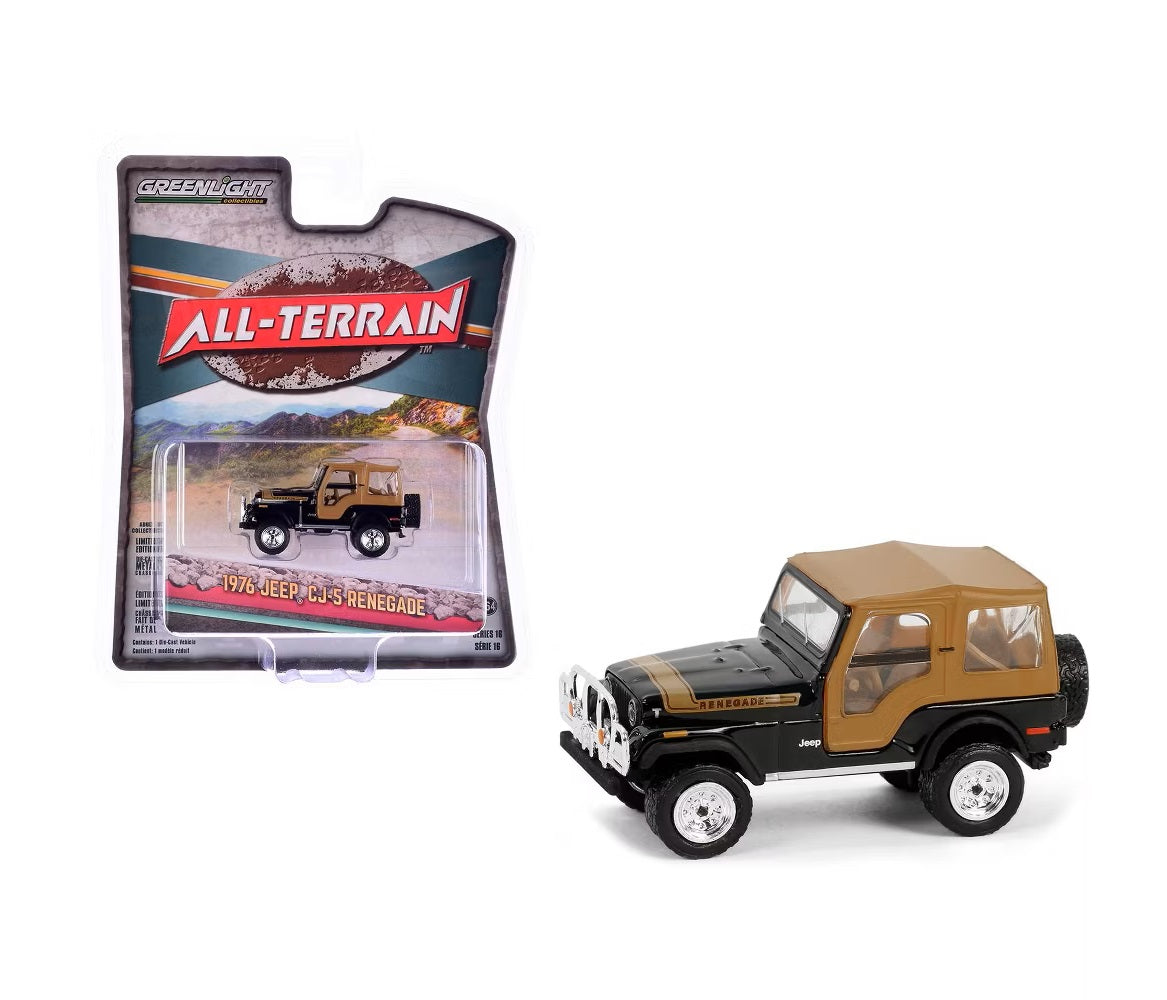 Greenlight - 1976 Jeep CJ-5 Renegade Black with Brown Top and Stripe - Series All Terrain - Scale 1/64