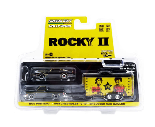 Greenlight - 1981 Chevrolet C-10 Custom Deluxe & 1979 Pontiac Firebird Trans Am in Enclosed Car Hauler - Rocky II - Scala 1/64 Hollywood Series