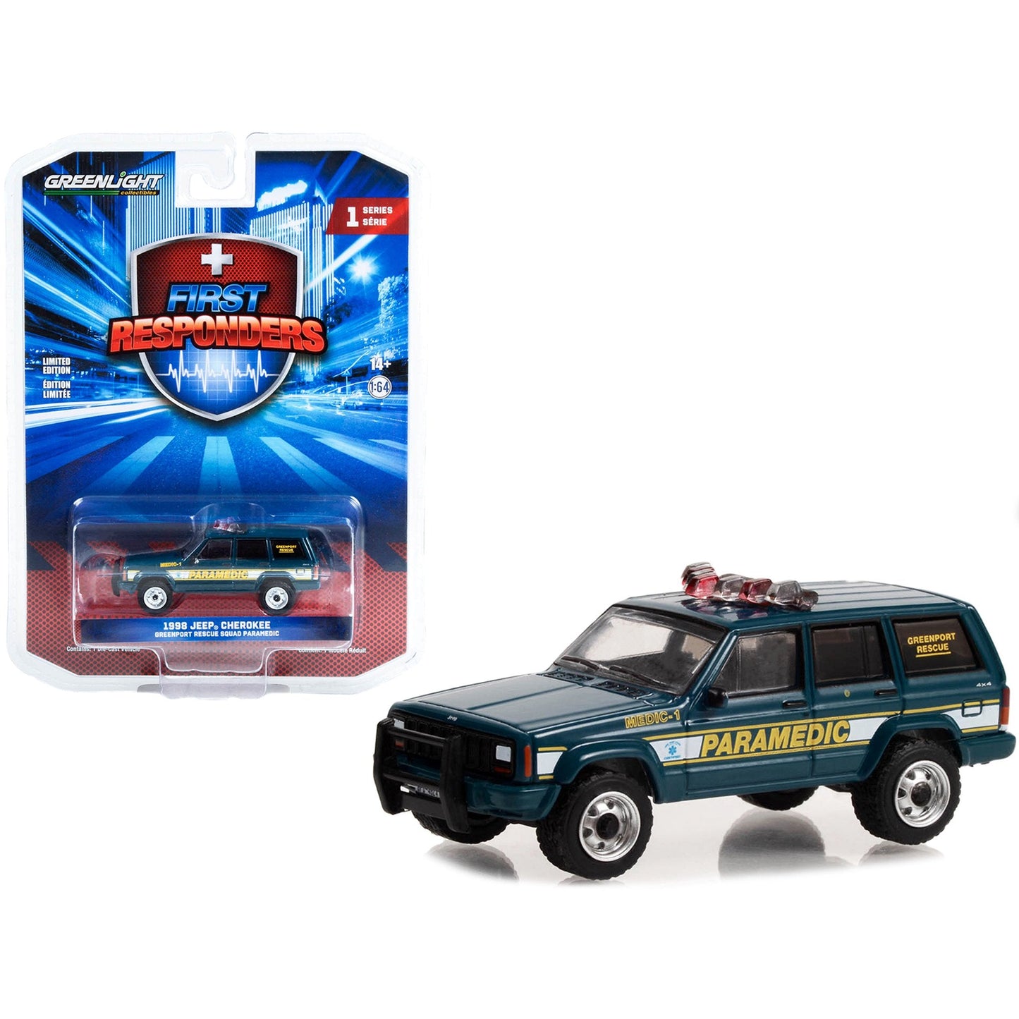 Greenlight - 1998 Jeep Cherokee Greenport Rescue Squad Paramedic - Series First Responders - Scale 1/64