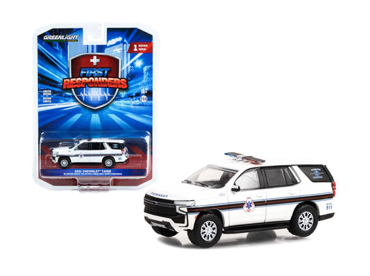 Greenlight - 2021 Chevrolet Tahoe White with Stripes Blooming Grove Volunteer Ambulance Corps Paramedic - Greenlight Series First Responders - Scala 1/64