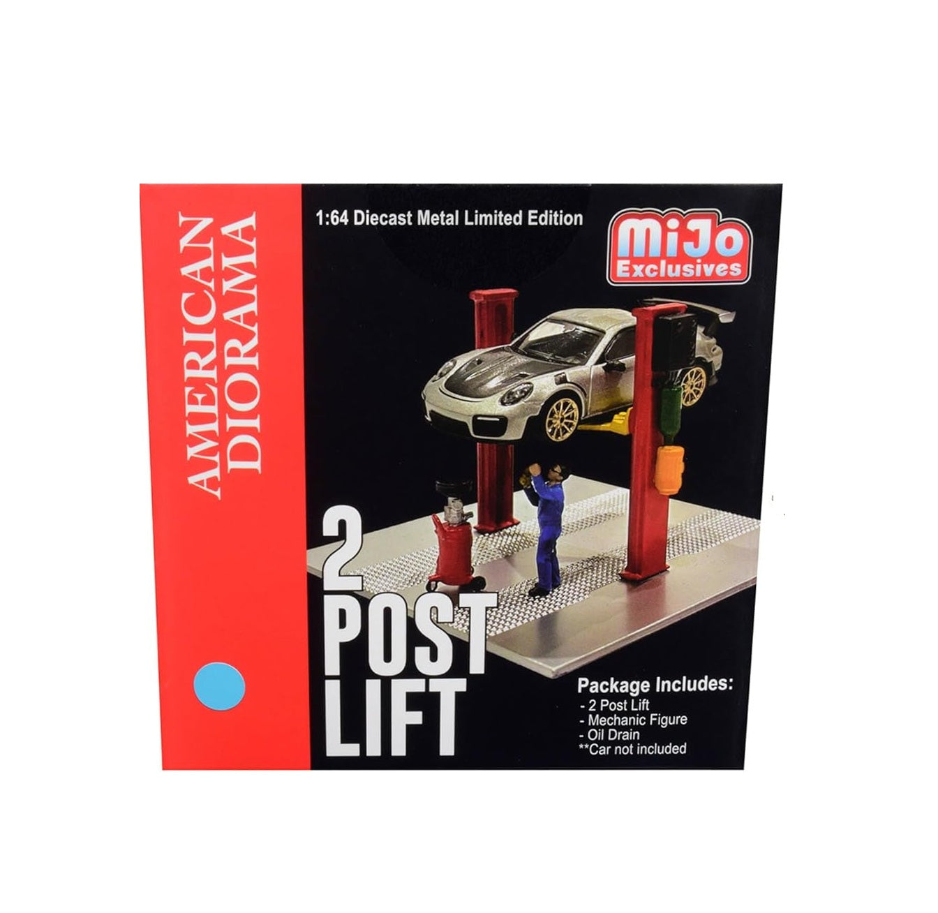 American Diorama - Two Post Lift (Light Blue) Mechanic Figurine and Oil Drainer MiJo Exclusives (Car not Included) - Scale 1/64 AD-38379MJ