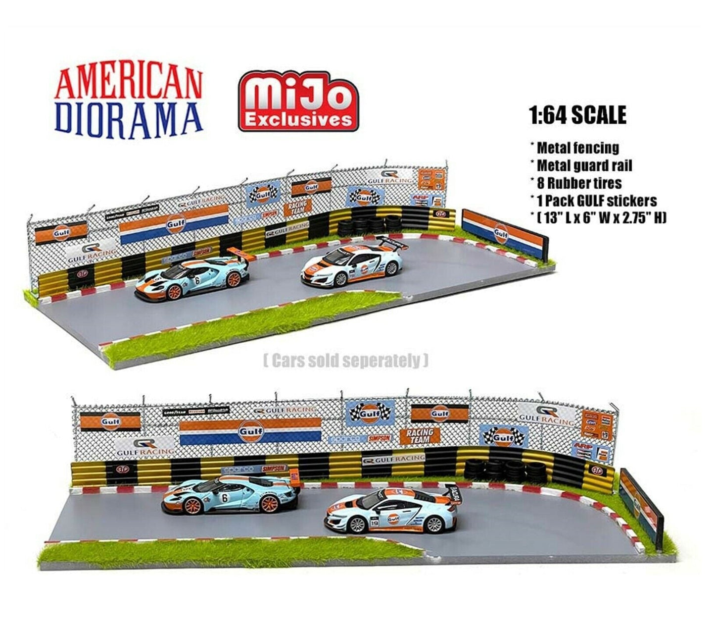 American Diorama - Racetrack Diorama (Gulf Oil stickers pack included) Cars Not Included - Scale 1/64 AD-76533MJ