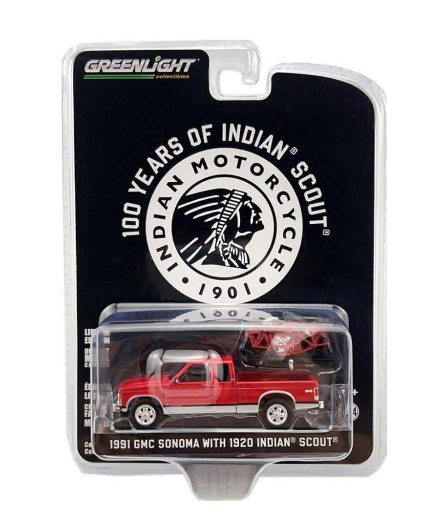 Greenlight - 1991 GMC Sonoma with 1920 Indian Scout - 100 Years of Indian Scout - Scale 1/64