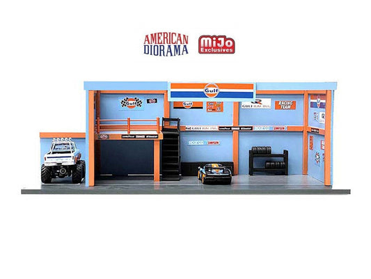 American Diorama - Garage Diorama (Gulf Oil stickers pack included) Cars Not Included - Scale 1/64 AD-76531MJ