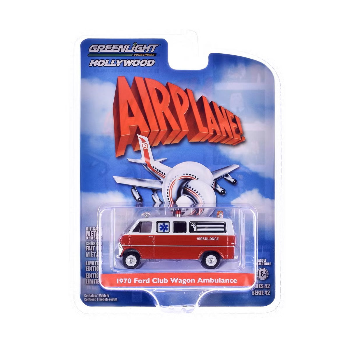 Greenlight - 1970 Ford Club Wagon Ambulance Red and White "Airplane!" (1980) Movie - Scala 1/64 Hollywood Series