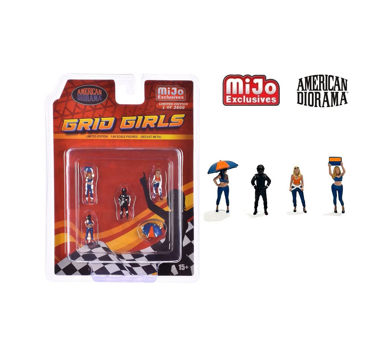 American Diorama - "Grid Girls" 5 piece Diecast Figure Set (4 Figures, 1 Umbrella) Car Not Included - MiJo Exclusives - Scale 1/64 AD-2406MJ