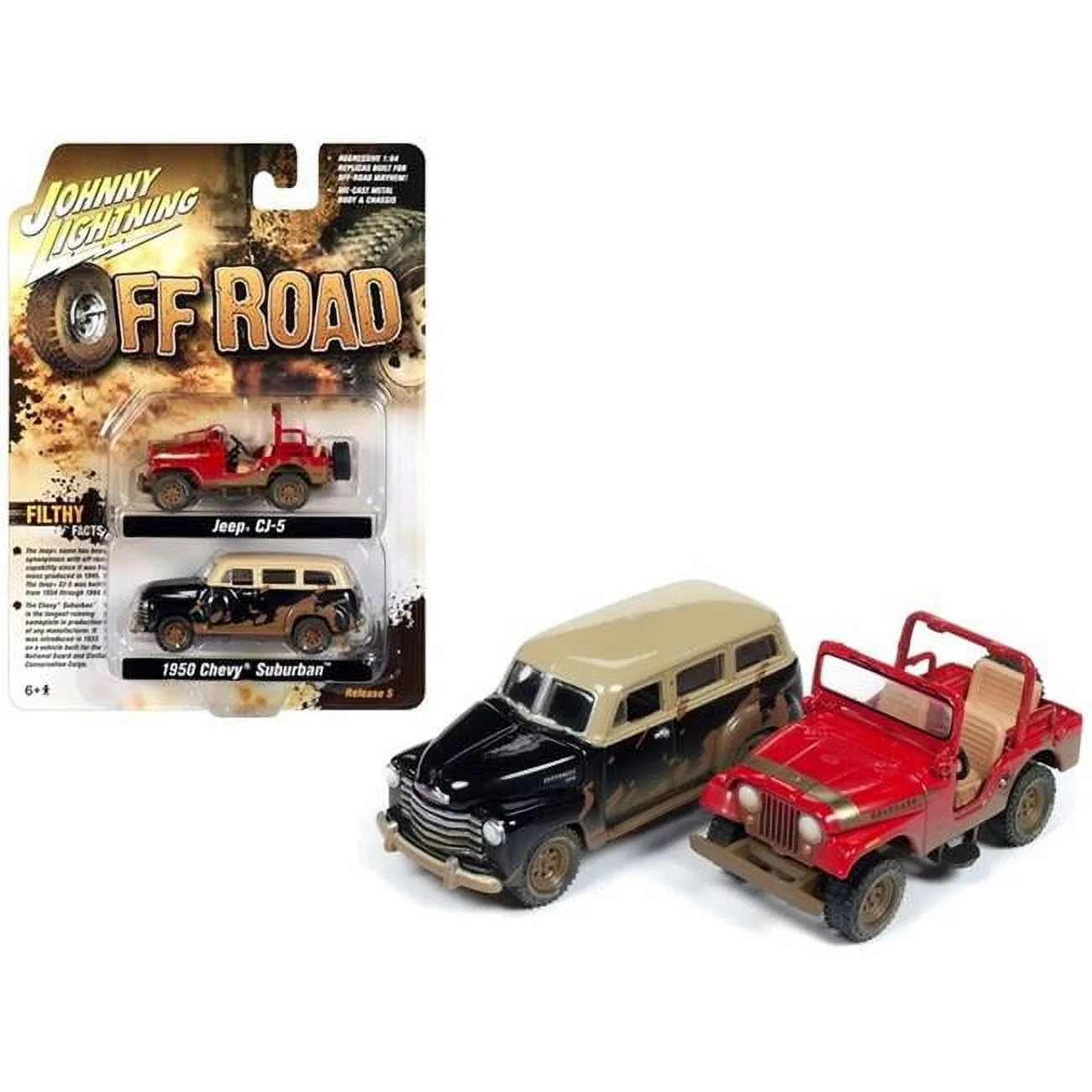 Johnny Lightning - Jeep CJ-5 Renegade Dirty Version Red &amp; 1950 Chevrolet Suburban 3100 Dirty Version Black - Scale 1/64