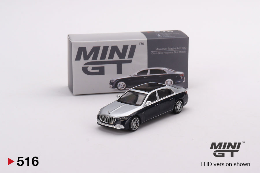 Mini GT - Mercedes-Maybach S680 Cirrus Silver / Nautical Blue Metallic RHD - Scala 1/64 MGT00516-R