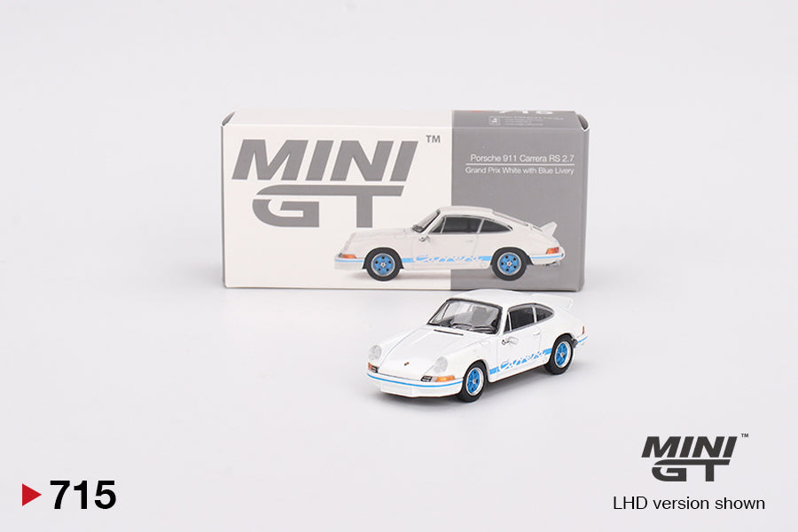 Mini GT - Porsche 911 Carrera RS 2.7 Grand Prix White with Blue Livery - Scale 1/64 MGT00715-L