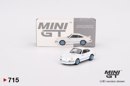 Mini GT - Porsche 911 Carrera RS 2.7 Grand Prix White with Blue Livery - Scala 1/64 MGT00715-L