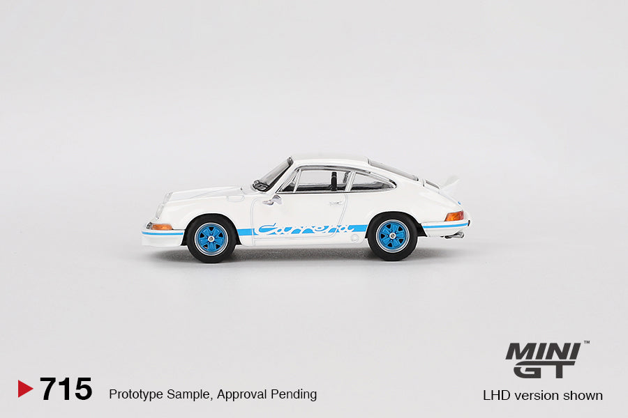 Mini GT - Porsche 911 Carrera RS 2.7 Grand Prix White with Blue Livery - Scale 1/64 MGT00715-L