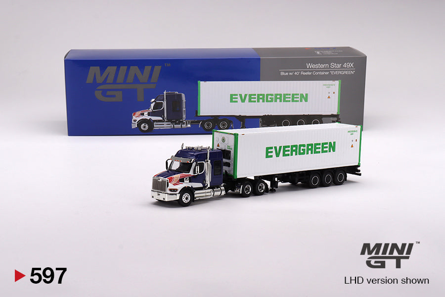 Mini GT - Western Star 49X Blue w/ 40' Reefer Container "EVERGREEN" - Scale 1/64 MGT00597