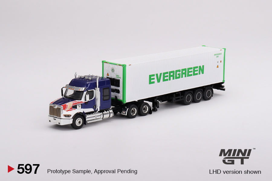 Mini GT - Western Star 49X Blue w/ 40' Reefer Container "EVERGREEN" - Scale 1/64 MGT00597