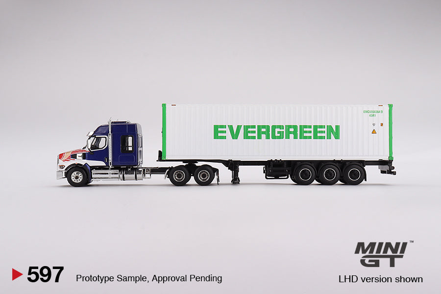 Mini GT - Western Star 49X Blue w/ 40' Reefer Container "EVERGREEN" - Scale 1/64 MGT00597