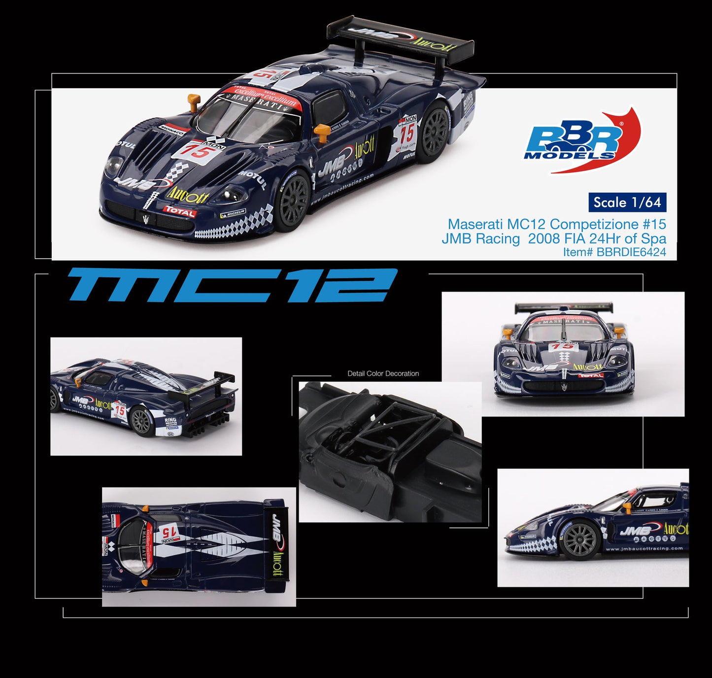 BBR Models - Maserati MC12 Competizione 2008 FIA 24Hr of Spa JMB Racing #15 - 1/64 Scale BBRDIE6424