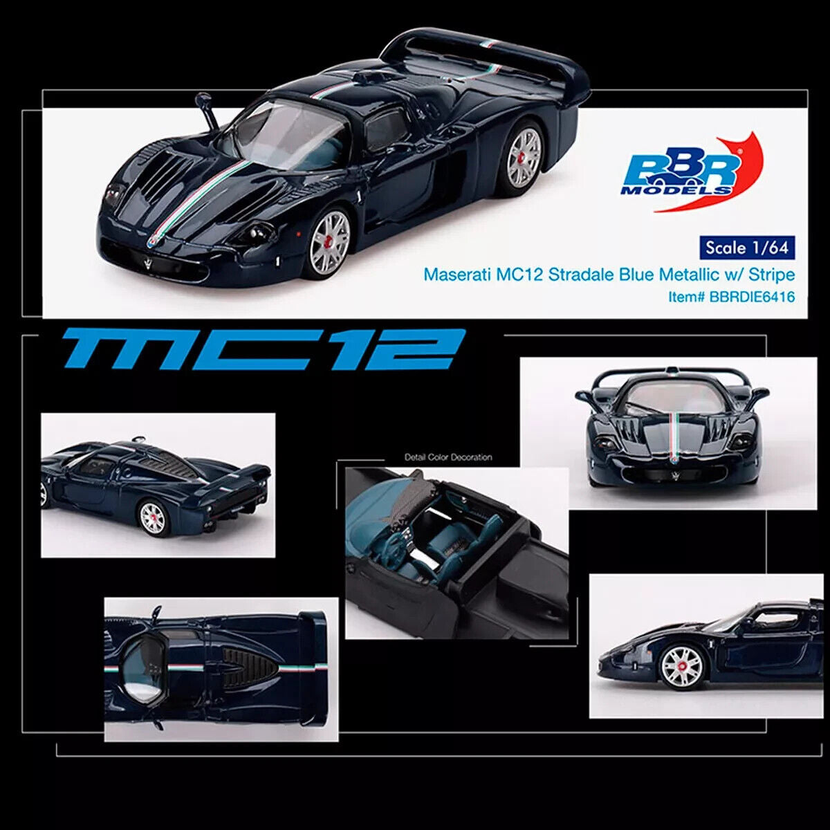 BBR Models - Maserati MC12 Stradale Blue Metallic with Stripe - Scala 1/64 BBRDIE6416