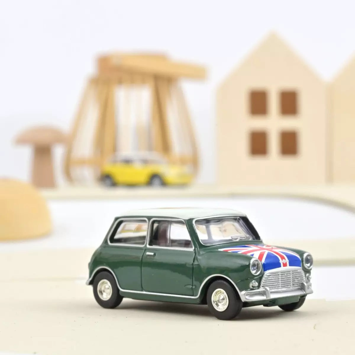 Norev - Mini Cooper S 1964 Almond Green and Flag on Bonnet - Scale 1/64 Approximately