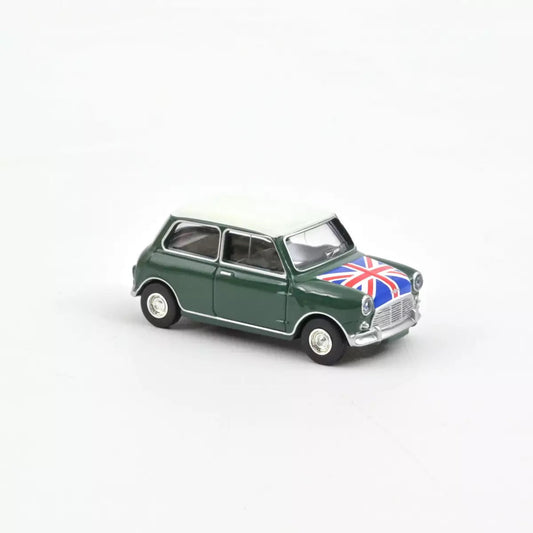 Norev - Mini Cooper S 1964 Almond Green and Flag on Bonnet - Scale 1/64 Approximately