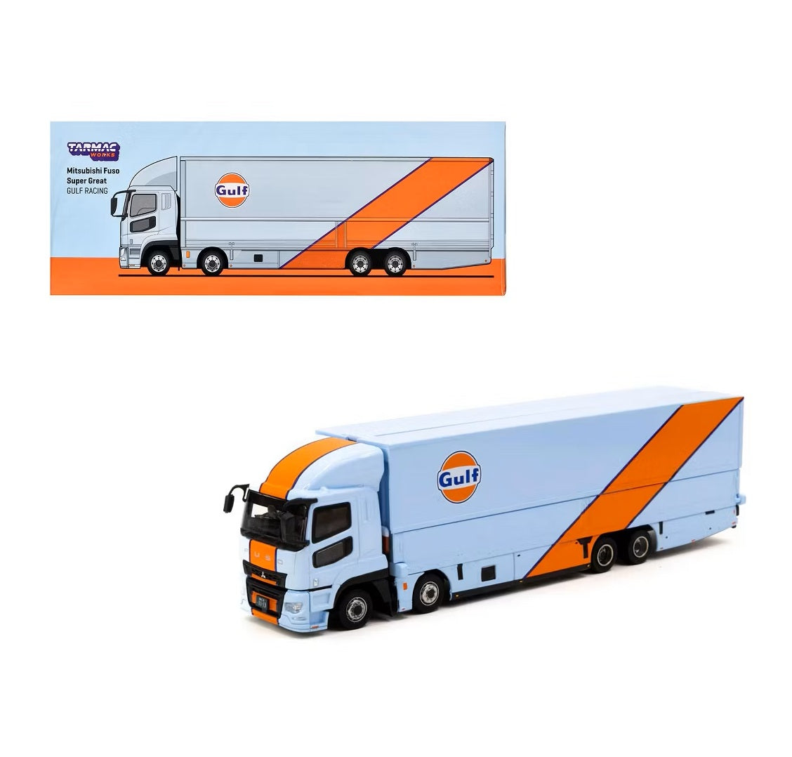 Tarmac Works - Mitsubishi Fuso Truck with Transporter Light Blue / Orange Gulf Oil - Truck64 Series - Scala 1/64 T64T-TL001-GULF