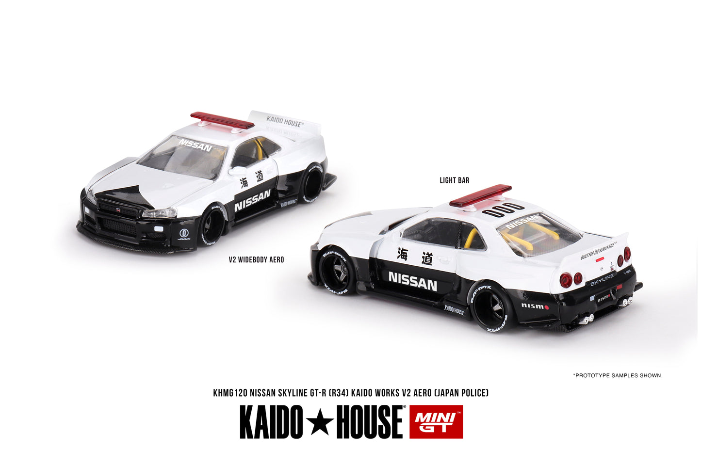 Mini GT - Nissan Skyline GT-R R34 Kaido Works (V2 Aero) Police - KAIDO HOUSE - Scala 1/64 KHMG120