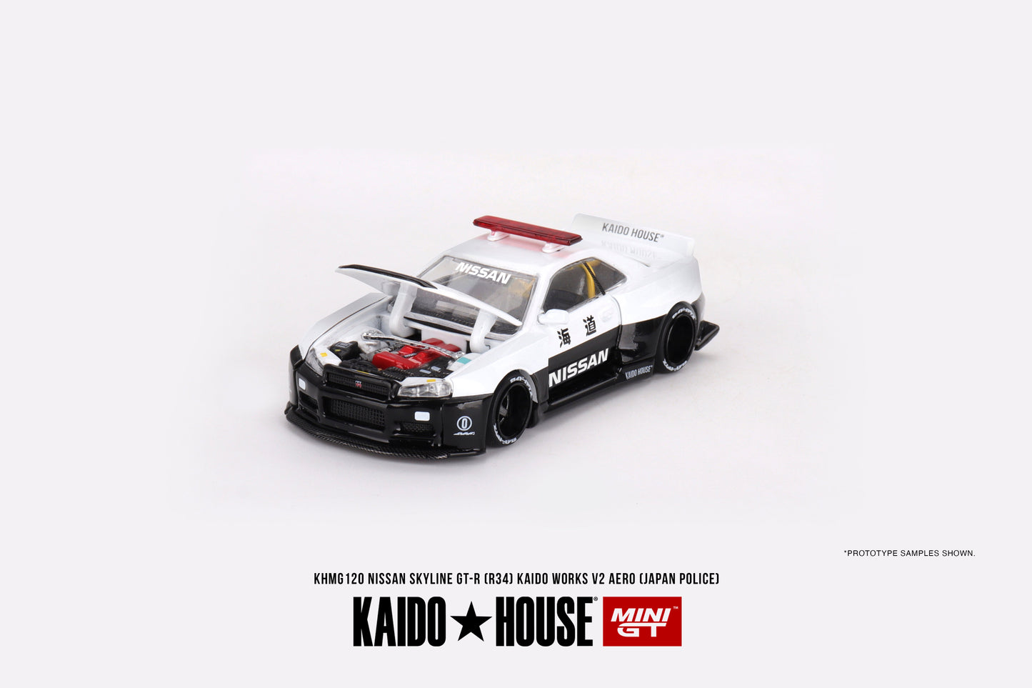 Mini GT - Nissan Skyline GT-R R34 Kaido Works (V2 Aero) Police - KAIDO HOUSE - Scala 1/64 KHMG120