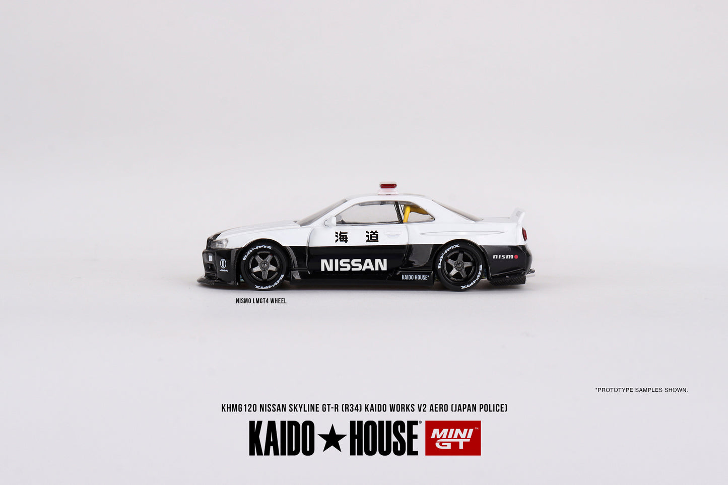 Mini GT - Nissan Skyline GT-R R34 Kaido Works (V2 Aero) Police - KAIDO HOUSE - Scala 1/64 KHMG120