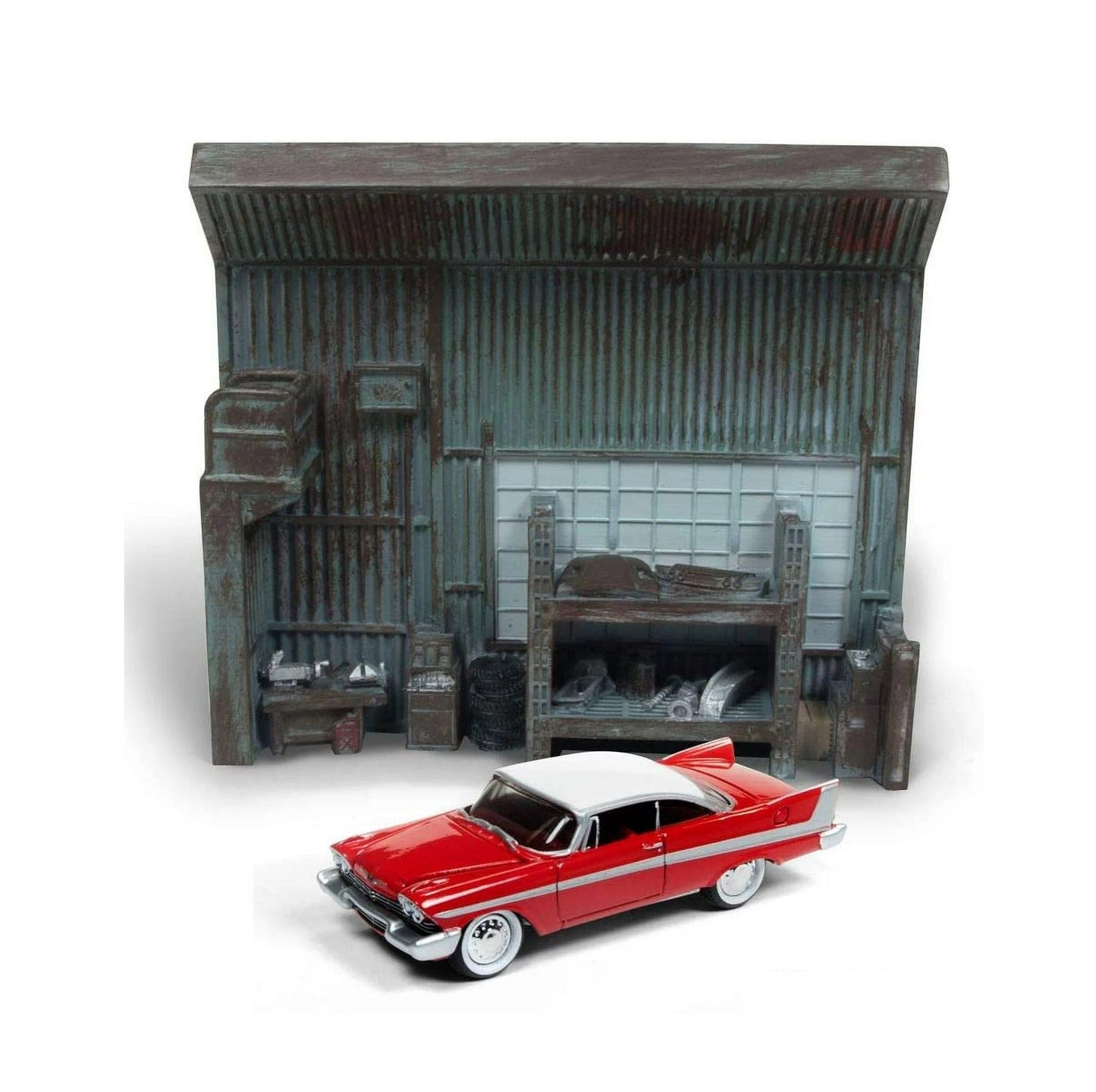 Johnny Lightning - 1958 Plymouth Fury red with "Darnell's garage" interior diorama from "Christine" (1983) movie - Scale 1/64 JLDR002