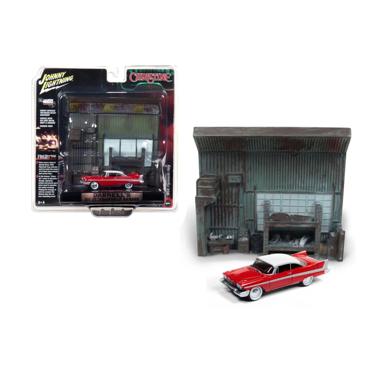 Johnny Lightning - 1958 Plymouth Fury red with "Darnell's garage" interior diorama from "Christine" (1983) movie - Scale 1/64 JLDR002