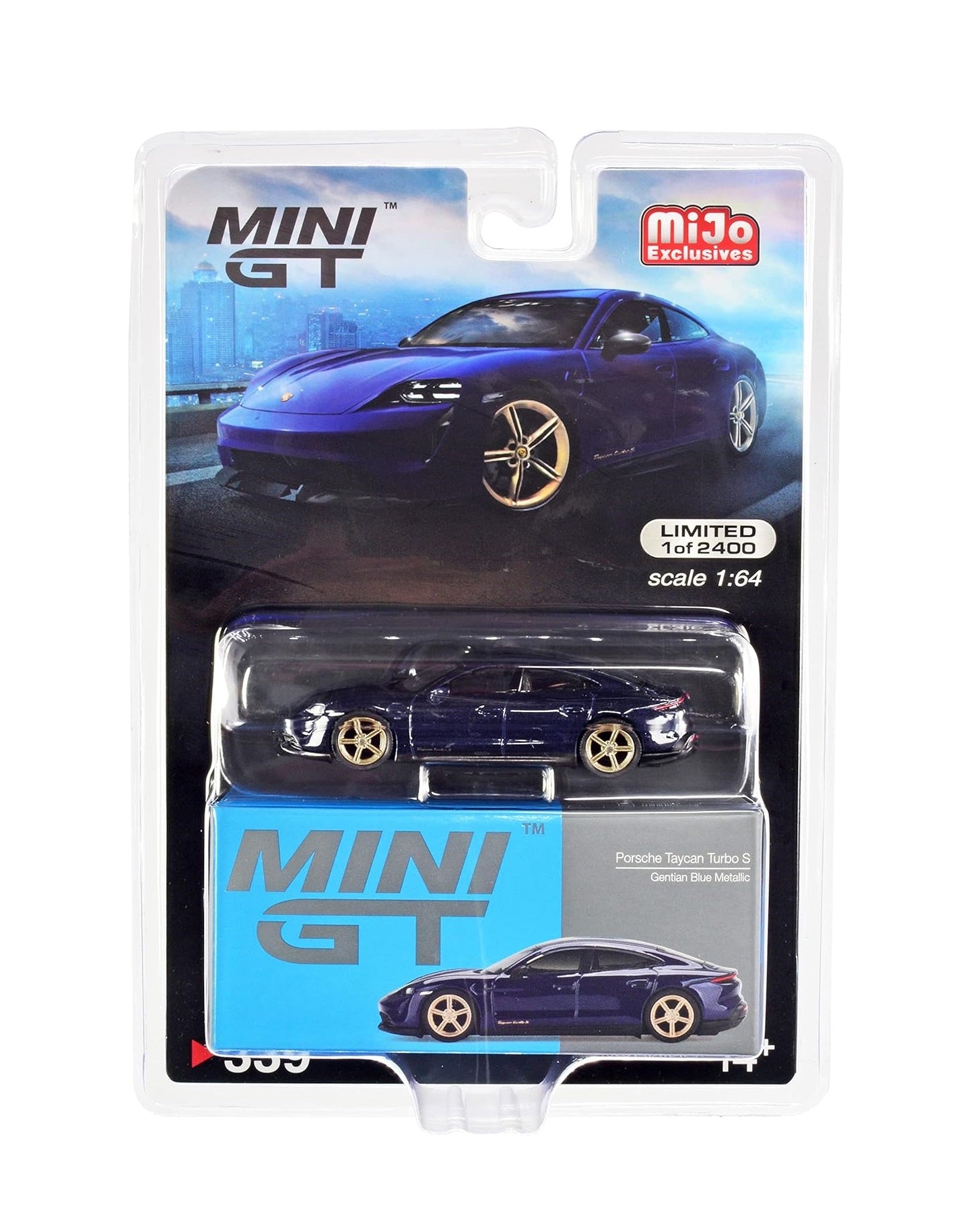 Mini GT - Porsche Taycan Turbo S Gentian Blue Metallic MiJo Exclusives - Scale 1/64 MGT00339-MJ