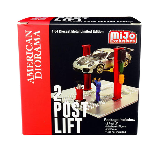 American Diorama - Two Post Lift (Red) with Mechanic Figurine and Oil Drainer Diorama Set MiJo Exclusives (Car not Included) - Scala 1/64 AD-38375MJ