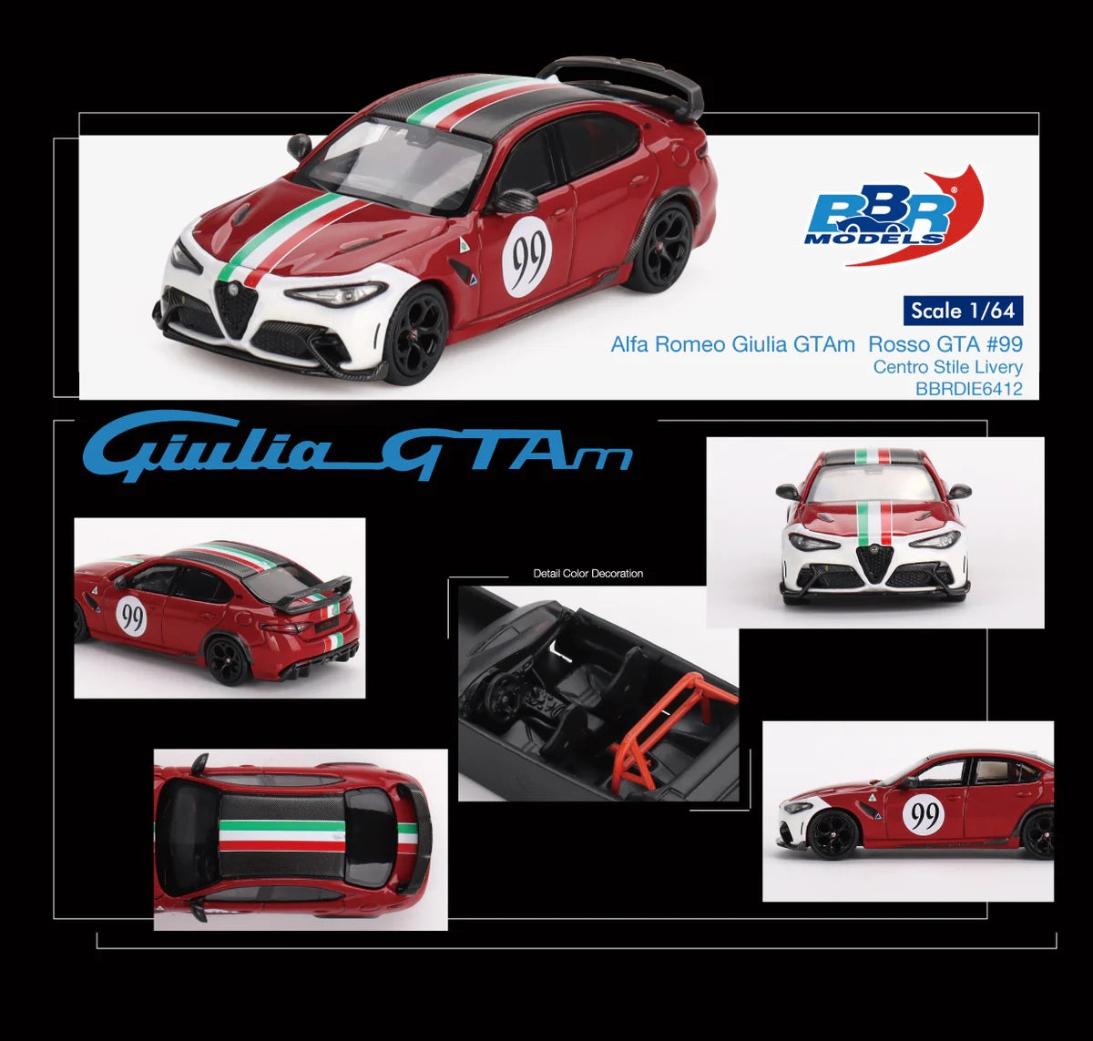 BBR Models - Alfa Romeo Giulia GTAm Red GTA #99 Centro Stile Livery - 1/64 Scale BBRDIE6412