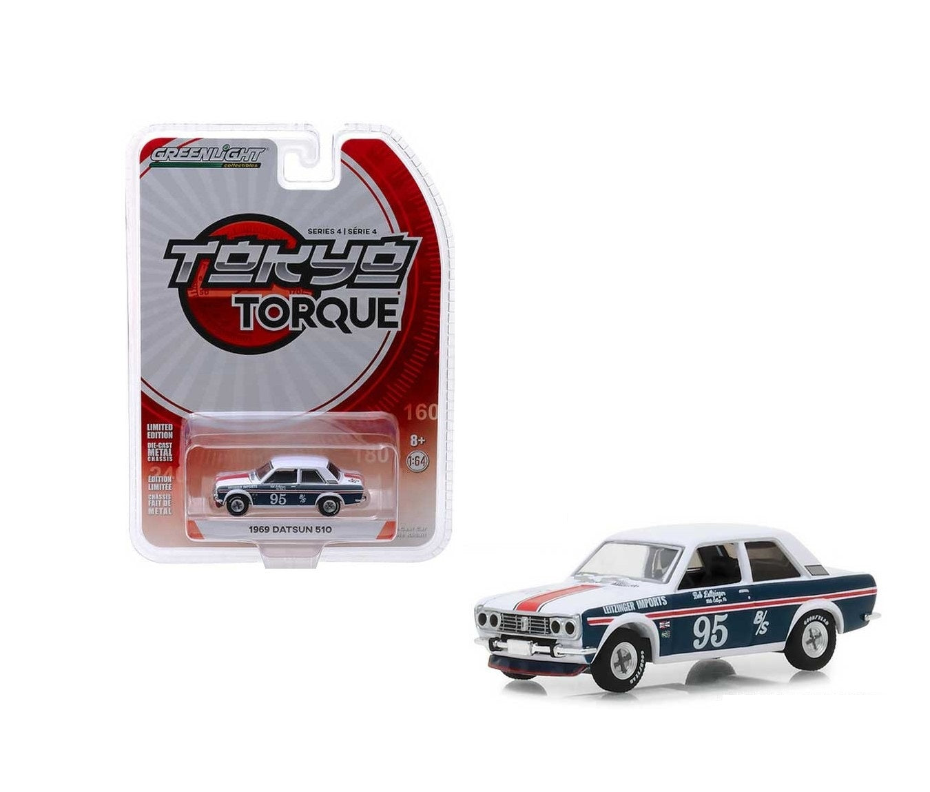 Greenlight - 1969 Datsun 510 White / Blue Tokyo Torque Serie 4 - Scala 1/64